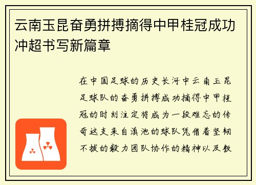 云南玉昆奋勇拼搏摘得中甲桂冠成功冲超书写新篇章 云南玉昆奋勇拼搏摘得中甲桂冠成功冲超书写新篇章